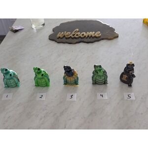 Handmade Resin Turtle Frog Figurine Piggyback Green Navy Blue Brown